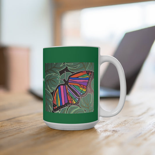 White 15oz Ceramic Mug - Rainbow Butterfly    POD