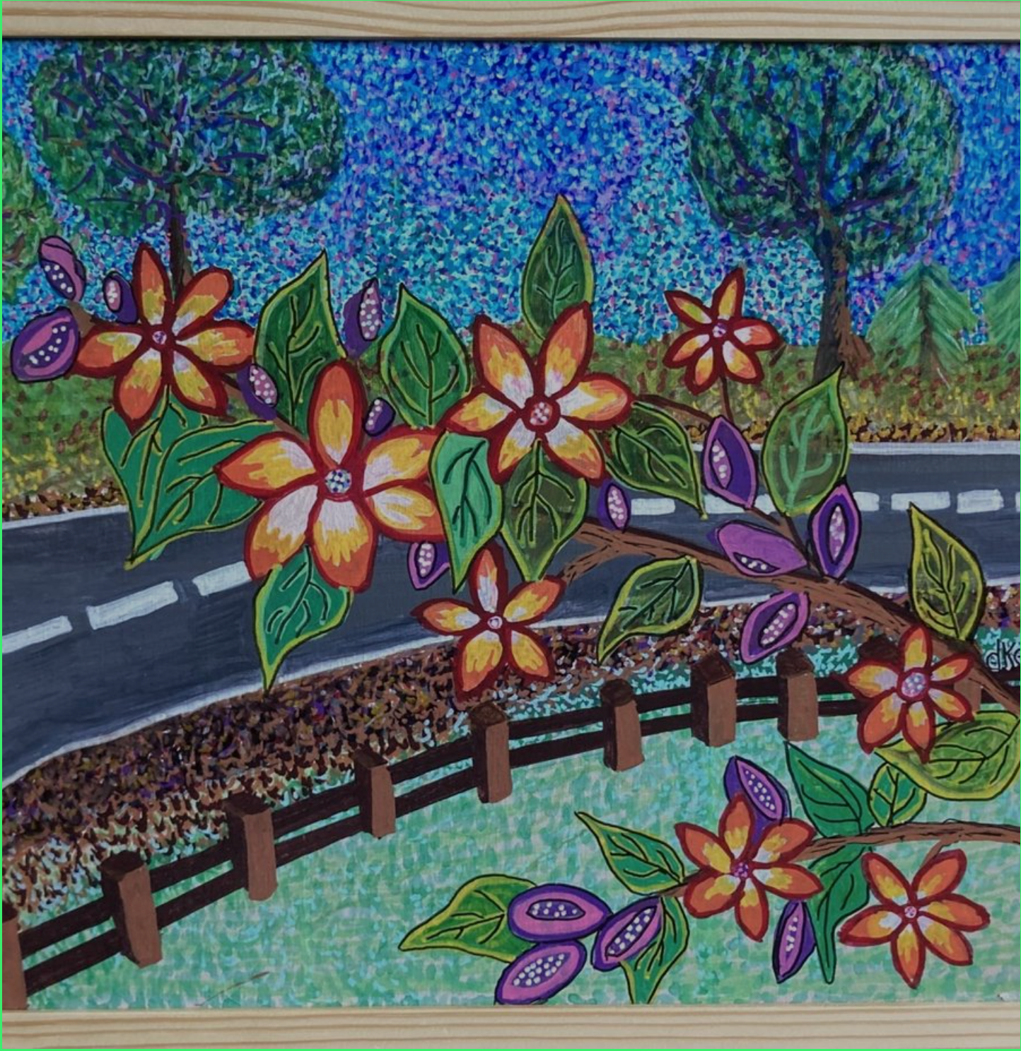 art painting with colorful flowers by the side of the road