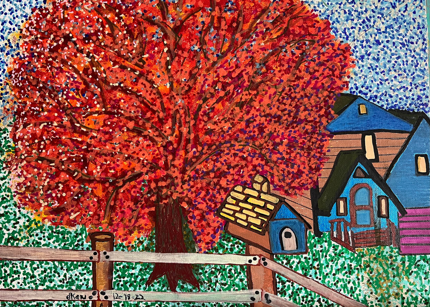 Blue House Red Tree, Art Print