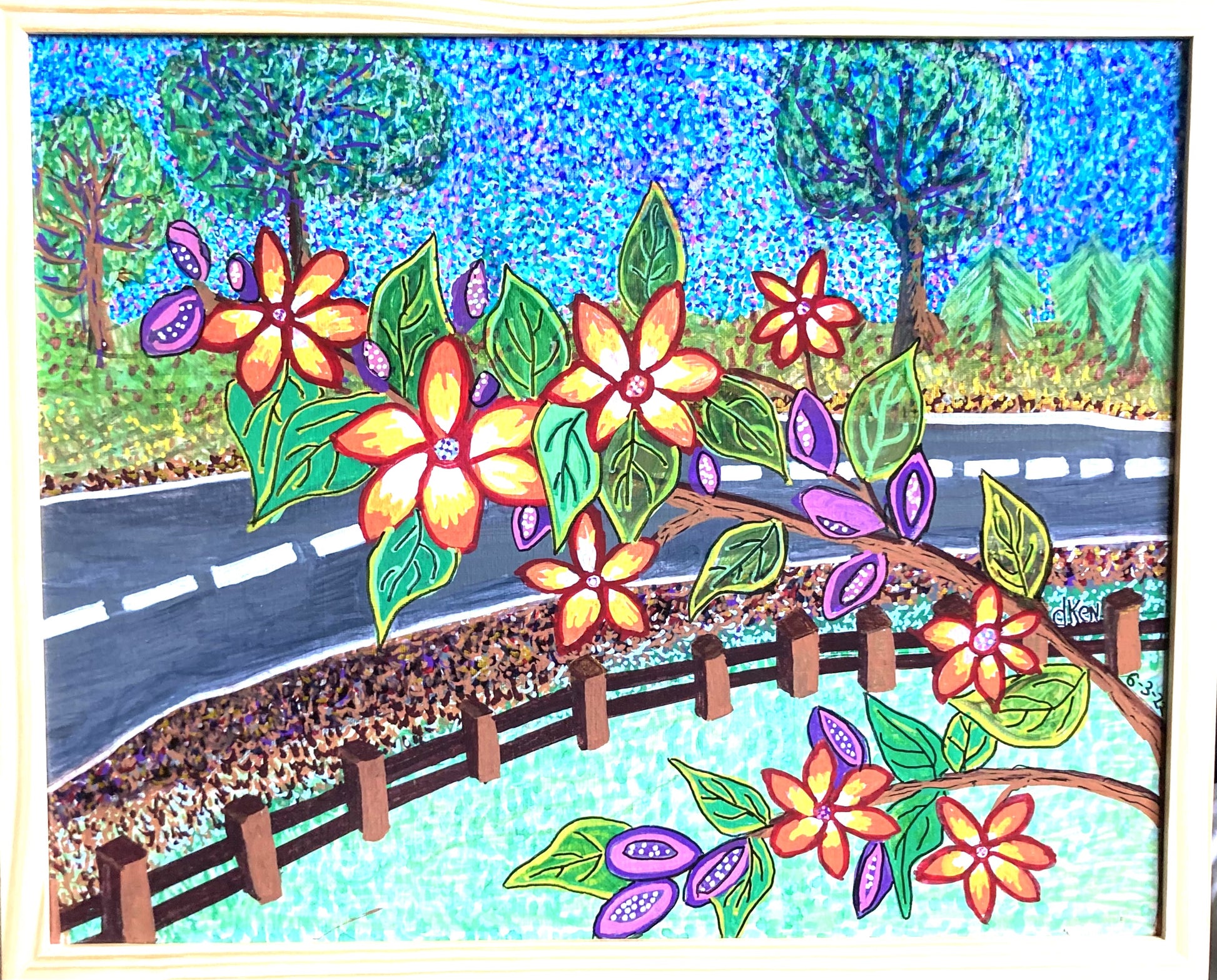 Sparkle in the Front Yard - Original Painting by Kid-Epics Expressions of front yard and passing street partially occluded by apple blossom branch